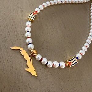 Gold Cuba Map Pearl Necklace with Red & Blue Accents